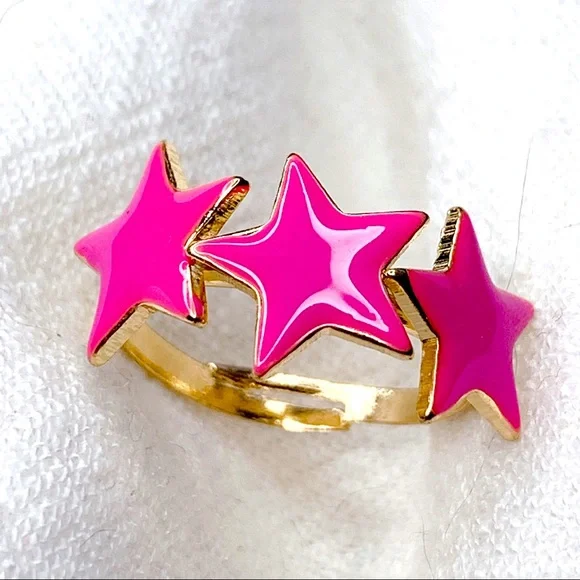 ❣️$25/3❣️ Shocking Pink Enamel Stars Adjustable Ring - Picture 1 of 8